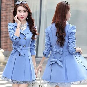 Light Blue Trench Coat with Bow Detail v neck collared lace pleated ruffled